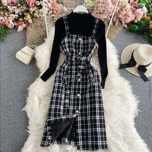 Dark Academia Black and White Plaid Pinafore Dress